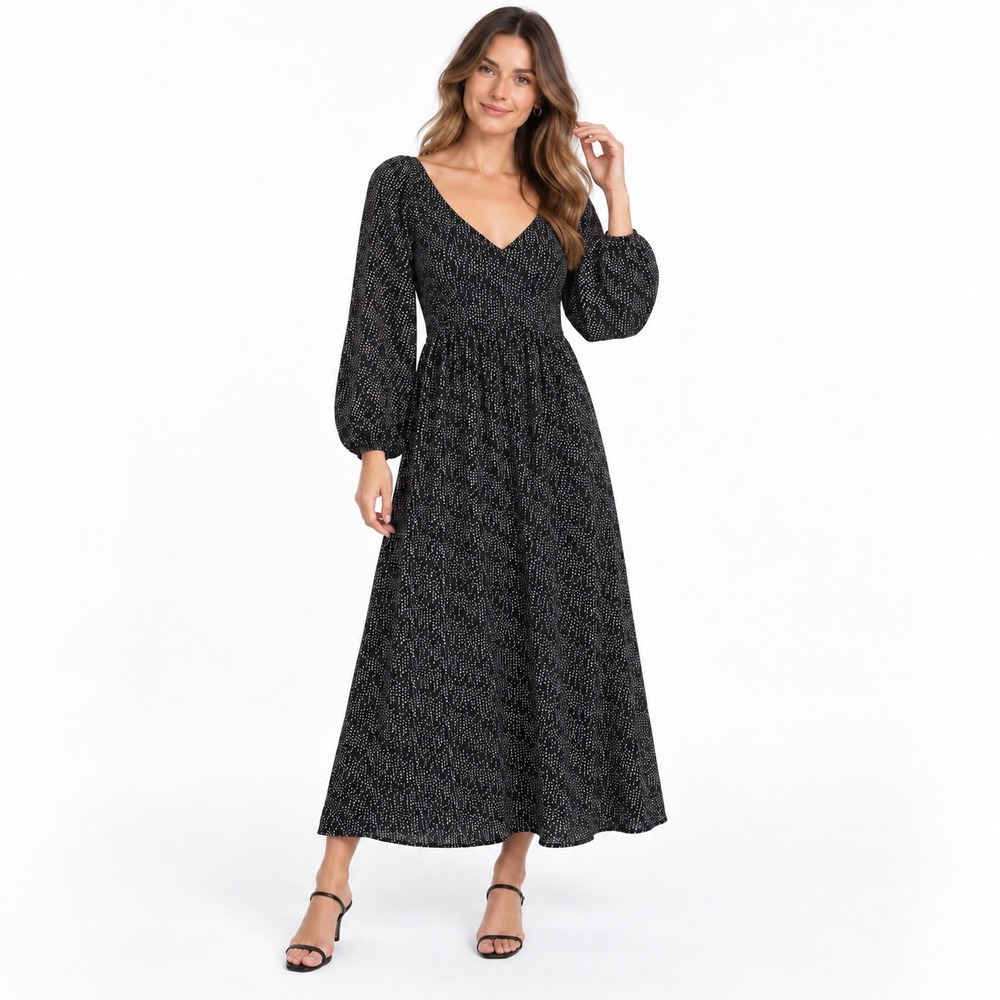 Stitch + Feather Black White Polka Dot Smocked Back Long Sleeve Midi Dress S